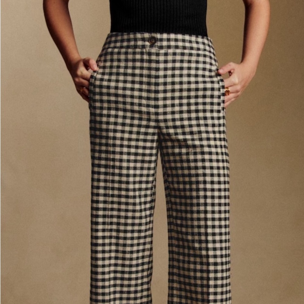 Sezane Martin Crop Trousers Black and Cream Wide-Leg Checked Pants